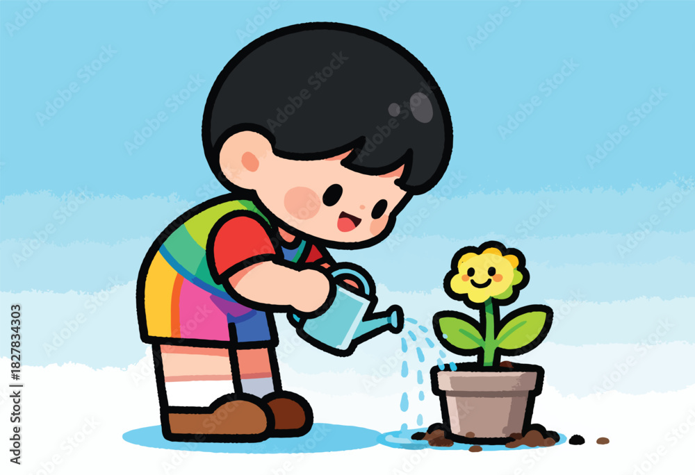Naklejka premium A cartoon child waters a happy flower in a pot. The background is a sky with clouds