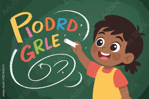 Cheerful young child writing in colorful chalk on a green blackboard with a question mark