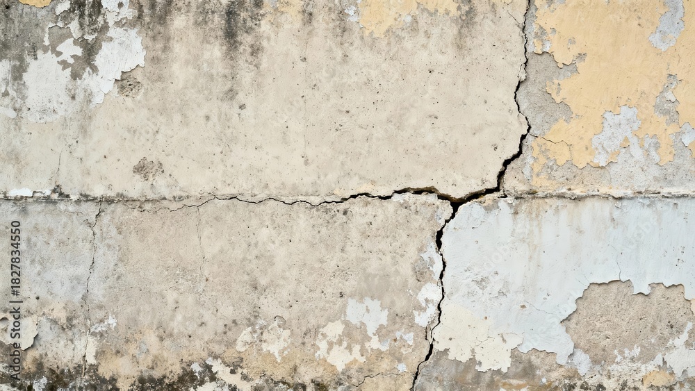 Obraz premium Weathered concrete surface displays severe structural cracking and peeling paint texture