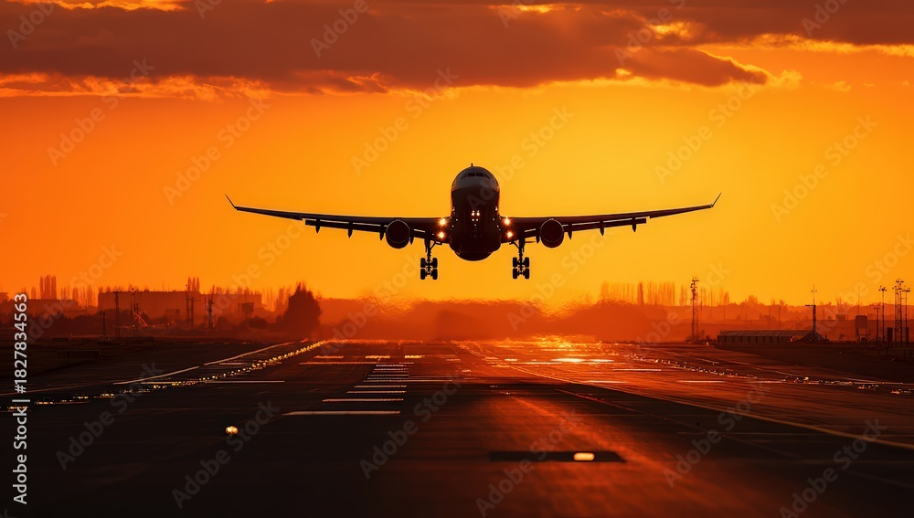 Fototapeta premium Jet plane ascends into a vibrant sunset over a runway