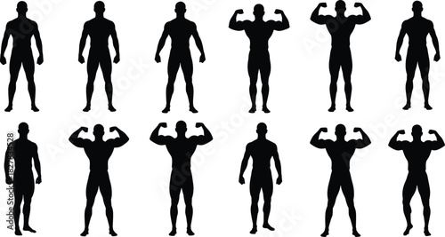 Vector Set of Muscular Male Silhouettes Posing in Full Body, Double Biceps Flex and Standing, Bodybuilder, Fitness, Power, Strength Training, and Healthy Lifestyle Graphics Collection.