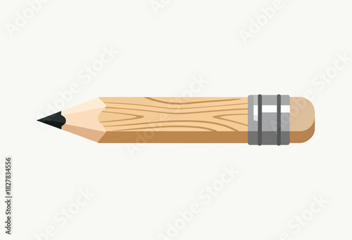 A vector illustration depicts a sharpened pencil, crafted with wood grain and a black tip. The eraser end is visible