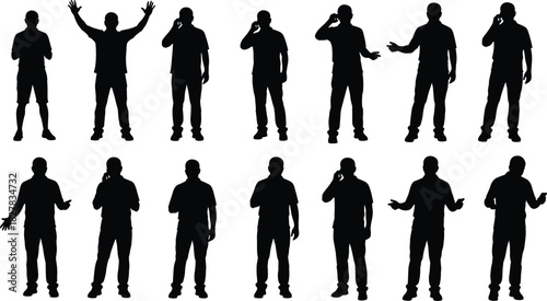 Silhouettes of Men Talking on Mobile Phones and Making Various Gestures, Representing Modern Communication, Connectivity, Expressive Action, Technology, and Audience.