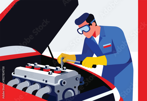 An illustrated mechanic works on a car engine, shown with open hood and colorful aesthetic