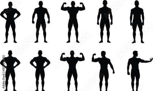 Collection of Muscular Bodybuilder Men Silhouettes Showing Different Poses, Representing Strength, Fitness, Health, Gym, Training, Power, Male Physique, and Exercise.