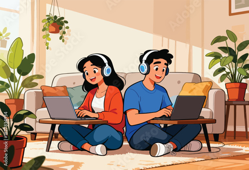 An illustration depicting two people working on laptops, wearing headphones, in a cozy, plant-filled indoor setting