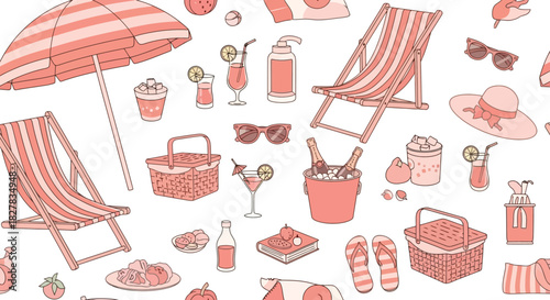 Seamless summer beach holiday pattern with essential summer elements. Vector illustration.