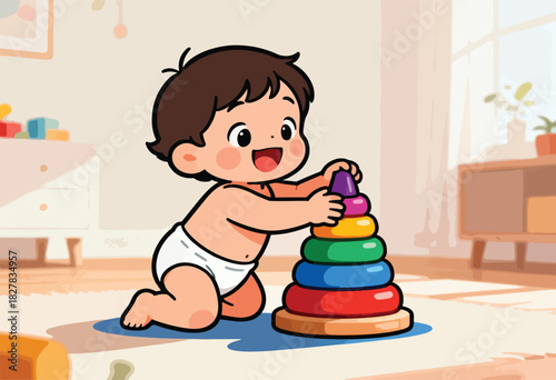 Adorable baby wearing a diaper smiles happily while playing with colorful stacking rings on a blue mat