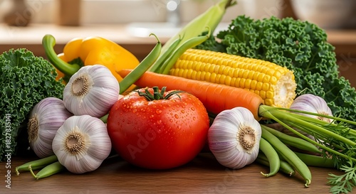 Fresh, healthy, and vibrant vegetables arranged artfully on a wooden surface.