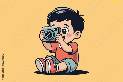 A cheerful cartoon child sits cross-legged, holding a camera, capturing a moment with delight