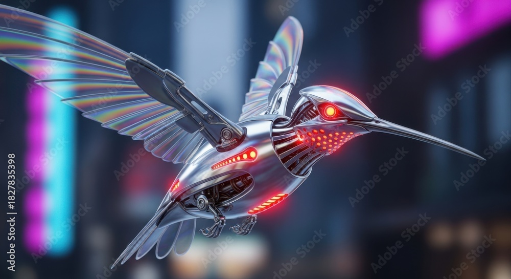 Naklejka premium Futuristic Robotic Hummingbird with Glowing Red Lights in City