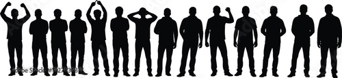 Horizontal Line of Men's Silhouettes Standing Together in a Crowd, Cheering, Raised Fists, and Diverse Gestures Representing Teamwork, Unity, and Protest Graphics