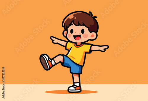 Cartoon child joyfully balancing on one leg, arms outstretched. The image has a cheerful vibe with orange tones