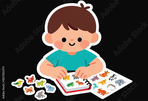 A cartoon child smiles, assembling animal stickers on a book, various stickers scattered around