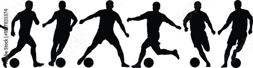 Set of Six Male Soccer Players Silhouette Vector Graphic Dribbling and Controlling Football during Fast-Paced Game, Representing Athletic Skill, Sport, and Teamwork Concept