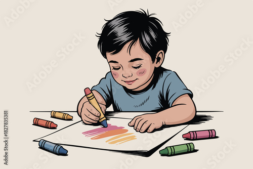 A child, eyes closed, colors on paper. Crayons scattered around. A moment of peaceful focus