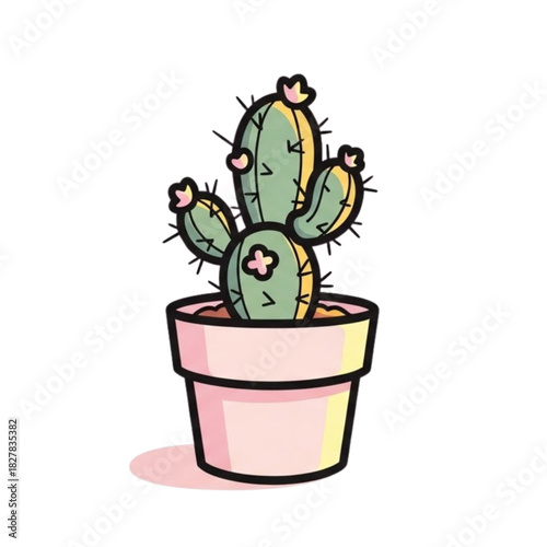 Cute flowering cactus in pastel pot, ideal for desert decor, playful nursery art, or trendy plant-themed designs. Whimsical botanical illustration for your project