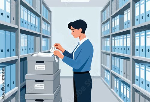 Illustration shows a person in an office examining paperwork. Files fill shelves on either side