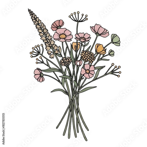 Charming wildflower bouquet illustration bringing a touch of rustic elegance, perfect for invitations, branding, or adding a natural flourish to designs