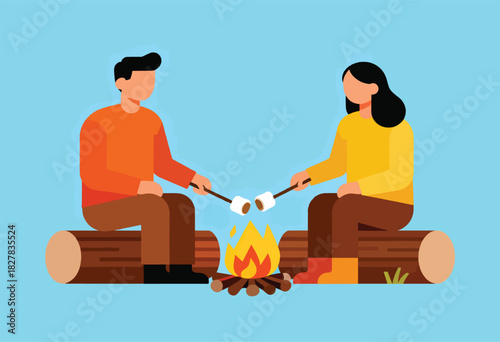 Two faceless figures toast marshmallows over a campfire. They sit on logs, sky blue background