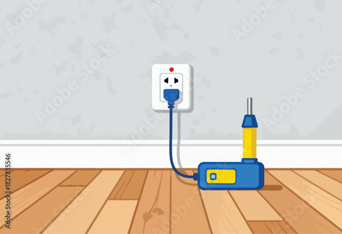 Illustration shows a wall outlet plugged into a soldering iron on a wooden floor. The wall is gray
