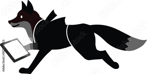 Cartoon fox running forward with tablet in mouth, wearing harness vest, minimalist vector animal technology delivery illustration, fast digital artwork