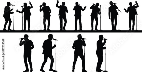 Silhouette singers and performers vector collection, dynamic black figures on stage, live music entertainment graphic asset, concert performance illustration, show art.