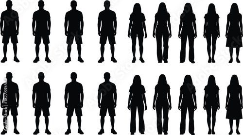 Simple Casual People Silhouette Vector Collection, Black Male and Female Figures Standing in Everyday Shirts, Shorts, and Pants for Scale and Map Graphics.