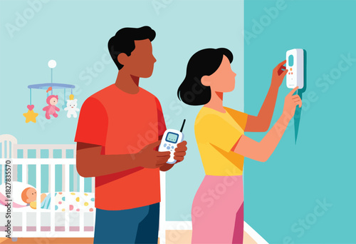 Illustration of a couple monitoring their baby's room with a baby monitor, near a crib with a mobile