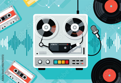 A retro audio setup illustration features a reel-to-reel recorder, cassettes, vinyl records, and a microphone