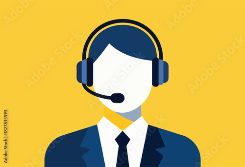 Flat graphic illustration of a person with a headset, wearing a suit against a yellow background