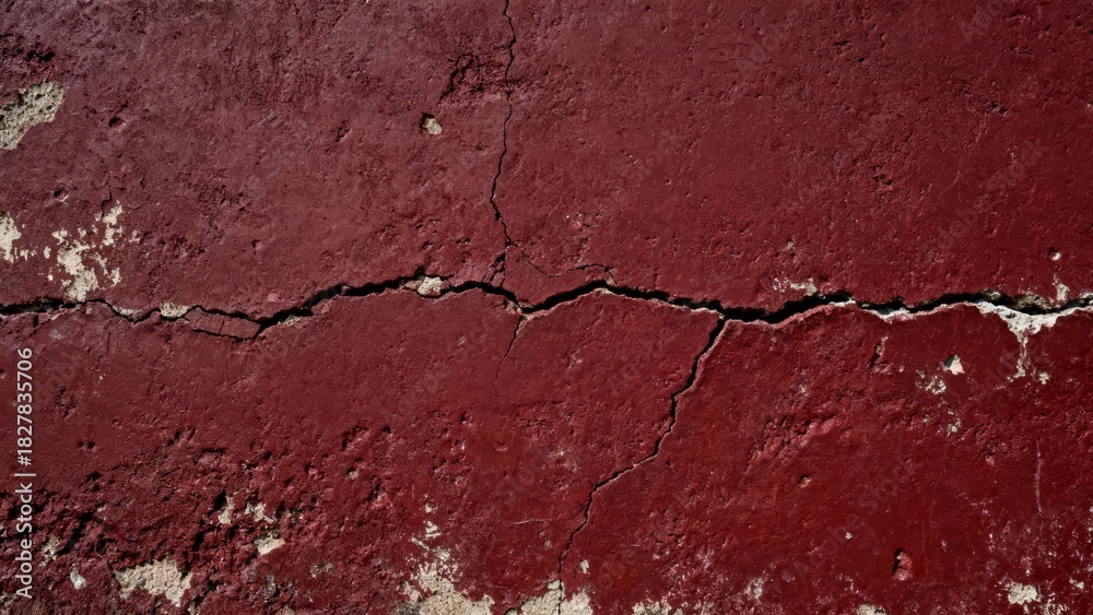Obraz premium Deep red painted surface displays significant horizontal cracking and surface deterioration