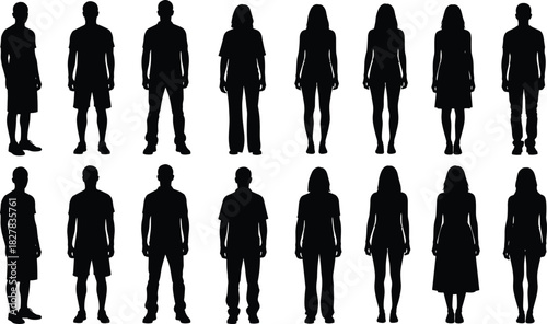 Everyday People Silhouette Vector Set, Black Men and Women Standing in Casual Shirts, Dresses, and Pants, Ideal for Architectural Plans and Community Graphics.