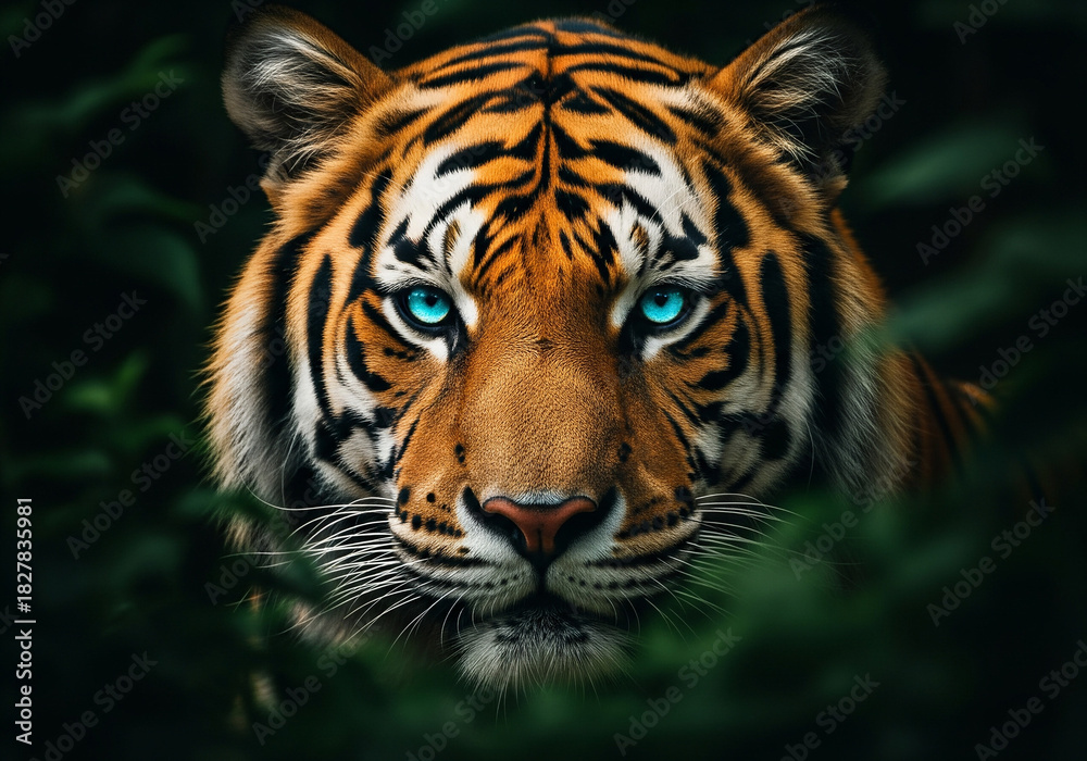 Fototapeta premium A close-up portrait of a Bengal tiger with striking blue eyes
