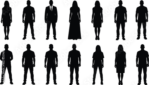 Adult People Silhouette Vector Collection, Black Figures in Business Suits and Casual Attire, Standing Poses for Architectural Plans and Infographic Data.