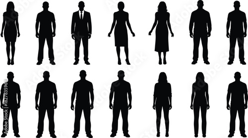 Executive People Silhouette Vector Graphic, Black Set of Adults in Formal and Business Wear, Standing Poses for Architectural Renderings and Corporate Designs.