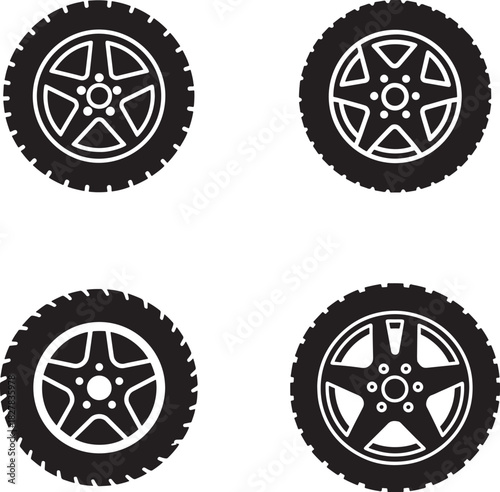 Four car tires with different rims in black and white style