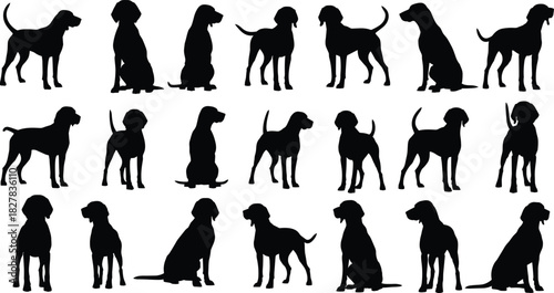 Dog Silhouette Bundle Vector Set, Black Puppy and Hound Icons in Standing, Sitting, and Posing Positions, Ideal for Pet Shop Branding and Logo Design.