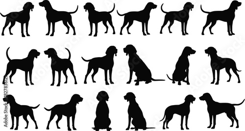 Diverse Dog Breeds Silhouette Collection, Black Vector Set of Pets Standing, Walking, and Sitting, Perfect for Logo, Icon, or Graphic Design.