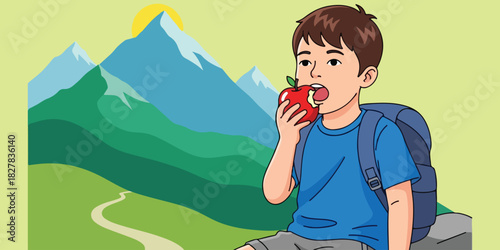 Healthy Boy Eating Apple in Mountains - Nature, Health, and Wellness