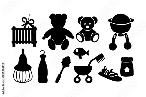 Collection of black and white silhouette icons representing essential baby items including a pacifier baby bottle rattle prams crib teddy bear and baby toy .vector icon
