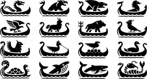 Collection of 16 black viking longship figureheads with mythical creatures and animals dragon bear