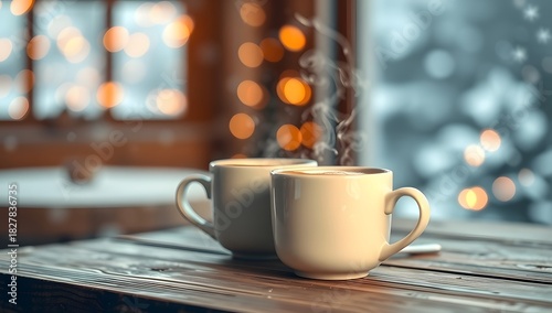 Two cups of coffee on a wooden table. Big windows out to a winter landscape.