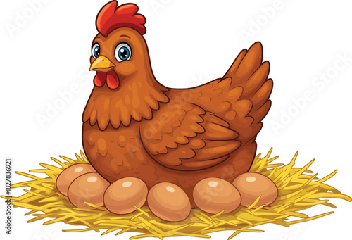 Cartoon hen on nest, brown chicken with eggs, farm animal illustration, agriculture theme, poultry drawing, vector art, nature design