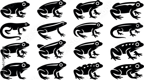 Collection of sixteen black amphibian silhouettes including frogs and a salamander on white background