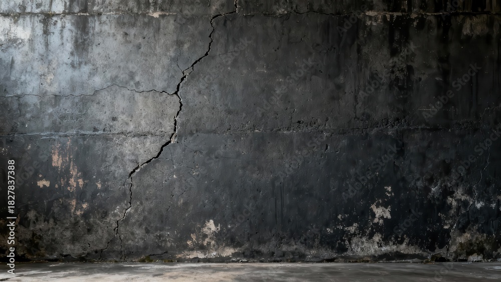 Obraz premium Dilapidated concrete wall exhibits prominent vertical fissure and dark staining across its surface