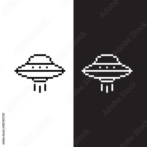 black and white pixel art UFO  Unidentified Flying Object 8 bit vector icon art for computer game	