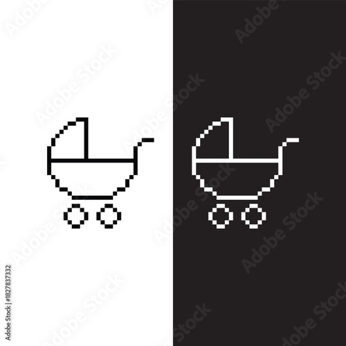 black and white pixel art baby  stroller  8 bit vector icon art for computer game	