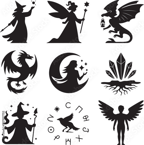Magical creatures and mystical symbols in vector silhouette collection