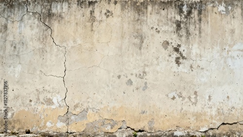 Weathered and damaged concrete surface displays prominent vertical crack with discoloration